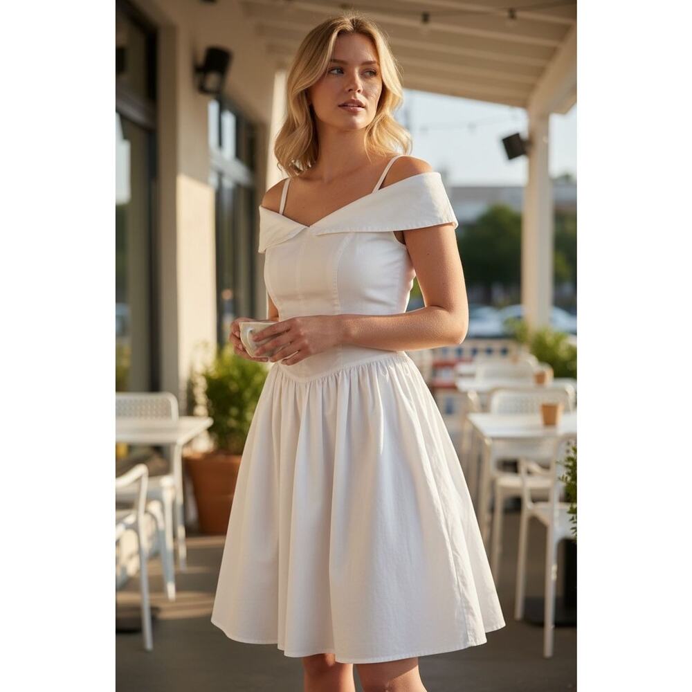 VINTAGE JODY OF CALIFORNIA CRISP WHITE FULL SKIRT DRESS SZ M/L